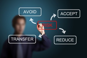 Blurred person writing 'Risk' in red with arrows from it pointing to 'Avoid', 'Accept', 'Reduce', and 'Transfer'