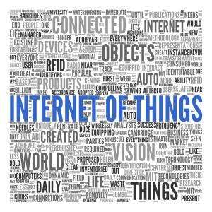 'Internet of Things' written large in blue with a collage of words that describe it around it in black