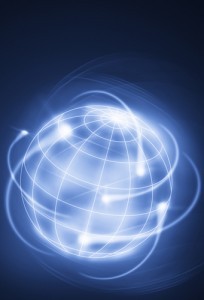 Fluorescent blue globe with rings around it