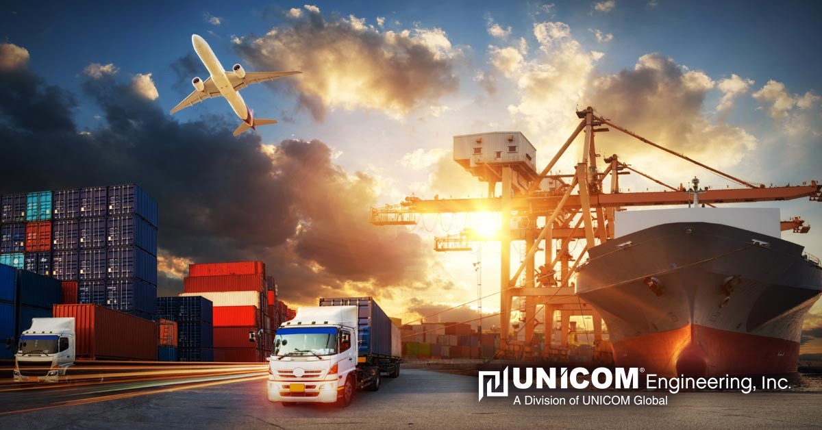 Colorful photo with semi-trucks, storage containers, an airplane, and manufacturing equipment with UNICOM Engineering's logo