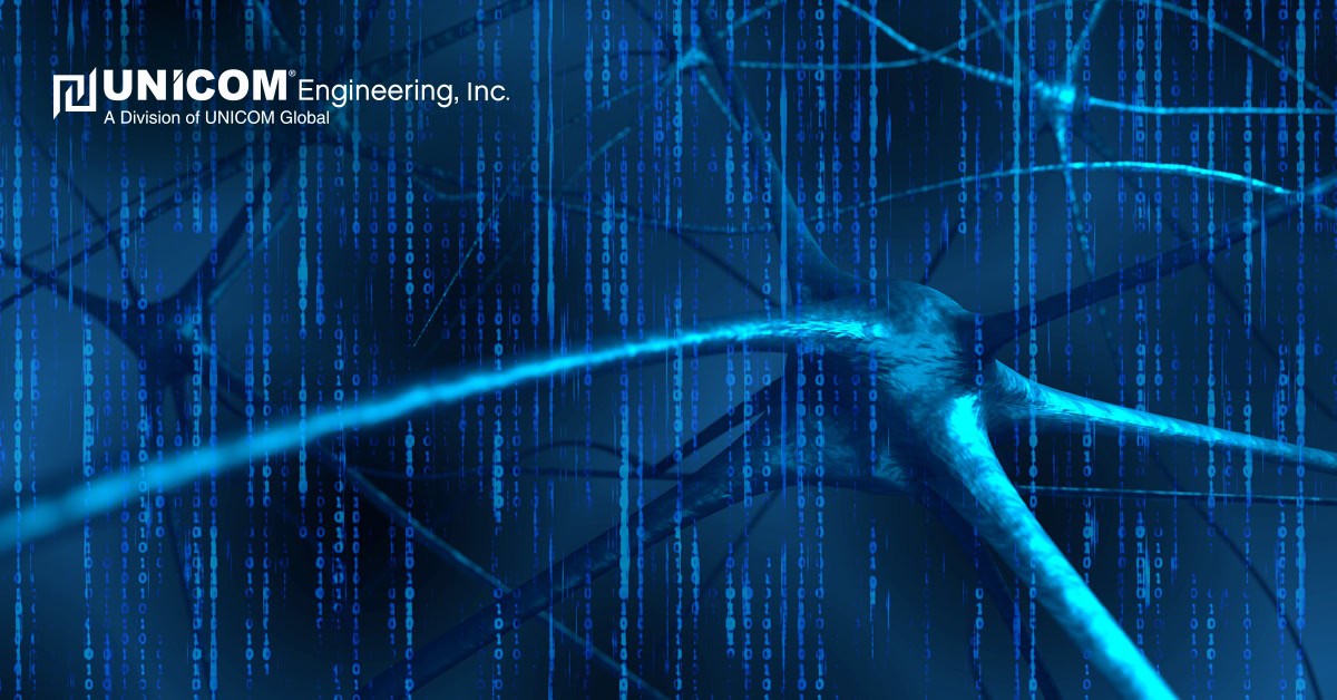 Photo of blue wires and UNICOM Engineering's logo