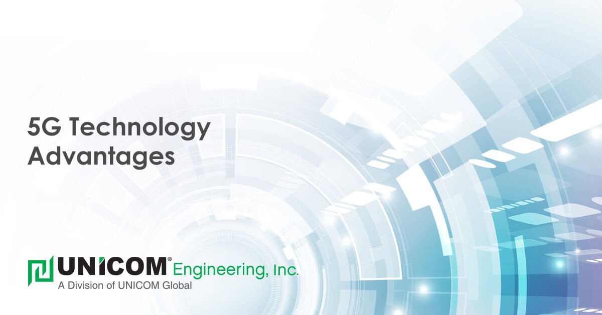 '5G Technology Advantages' with an abstract lens background and UNICOM's logo