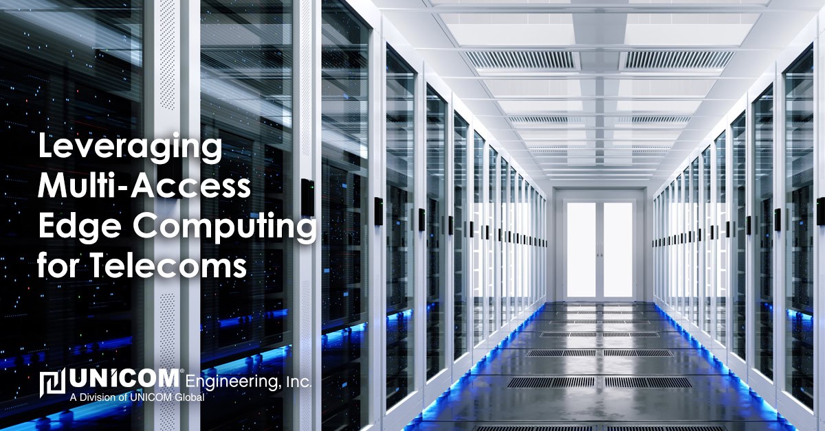 Server hallway with blue underglow and text that reads, 'Leveraging Multi Access Edge Computing for Telecoms