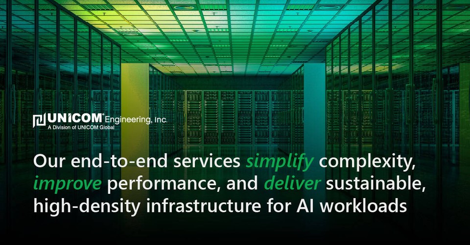 Green and Blue Data Center that says our end-to-end services simplify complexity, improve performance, and deliver sustainable, high-density infrastructure for AI workloads
