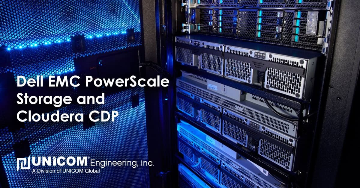 Close up of a server rack with a title of overlayed text that reads 'Dell EMC PowerScale Storage and Cloudera CDP