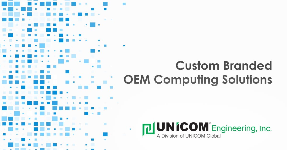 White with blue tiles background with text that says 'Custom Branded OEM Computing Solutions' and UNICOM Engineering's logo