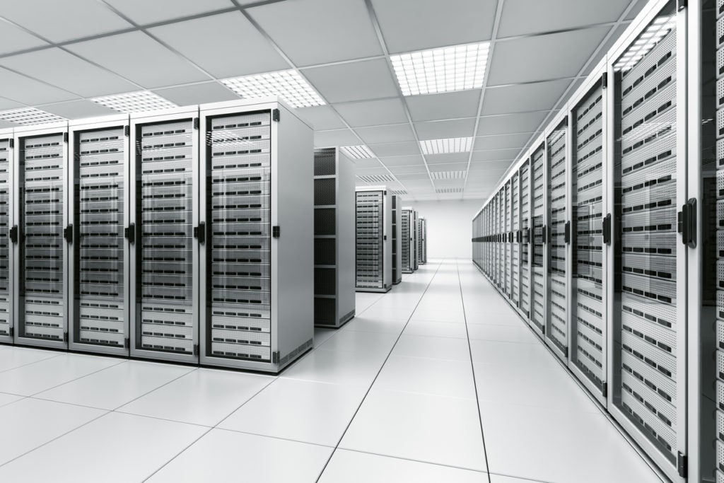 View down a grey/white server room