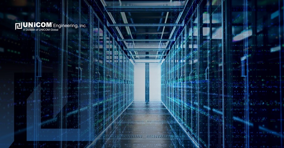 data center with server racks and futuristic graphics