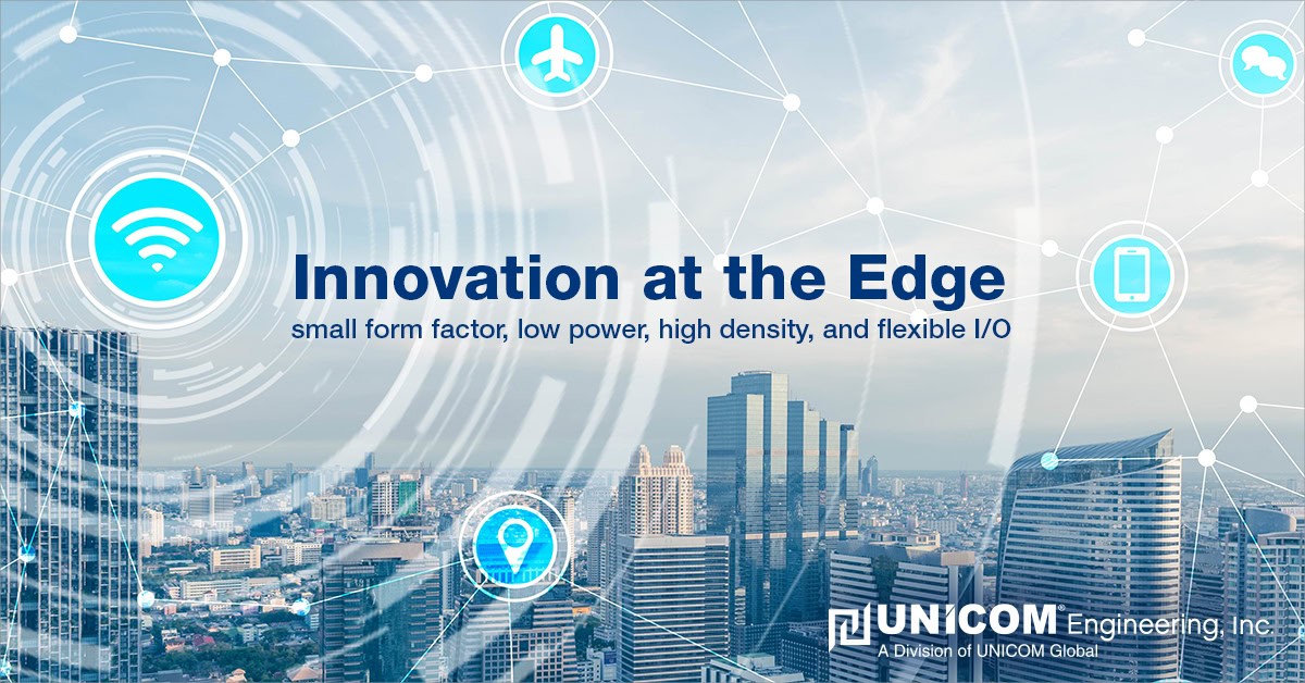 City scape with blue business/technology icons and 'Innovation at the Edge'