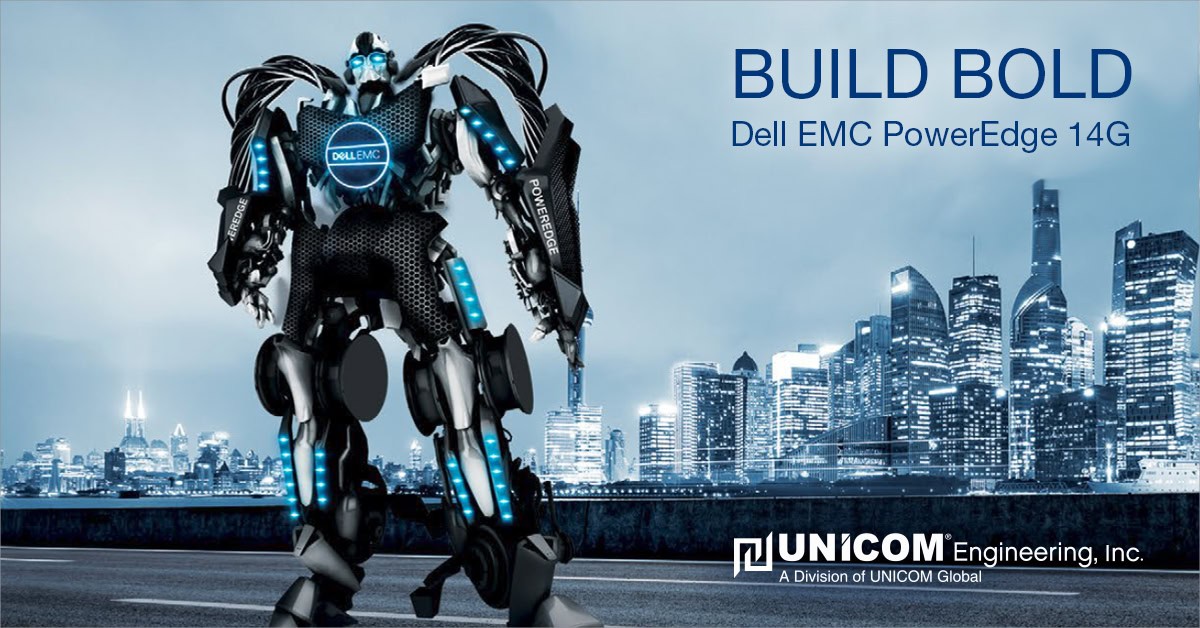 CGI graphic of futuristic robot with text that reads: build bold Dell EMC PowerEdge 14G