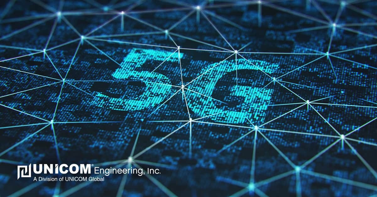Computer generated graphic of an interconnected techno-like grid that says '5G' with a logo of UNICOM Engineering in the lower left corner