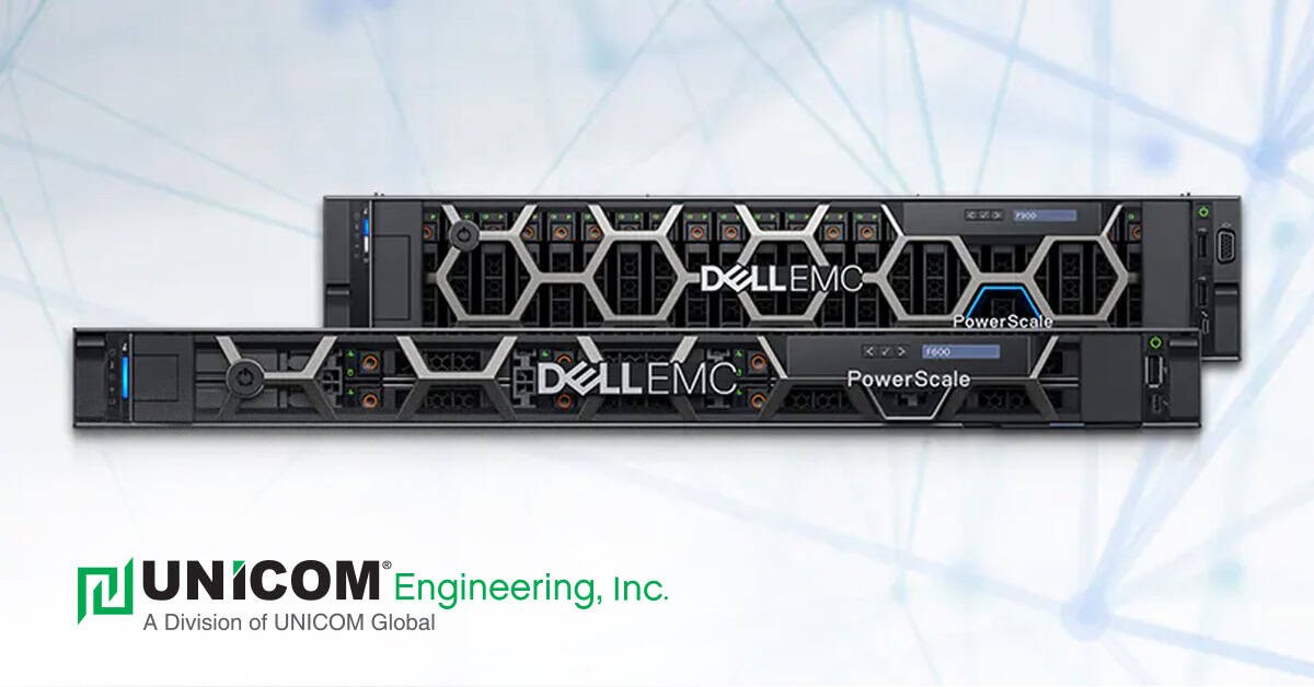 Two Dell PowerScale blades with UNICOM Engineering logo in the bottom left corner
