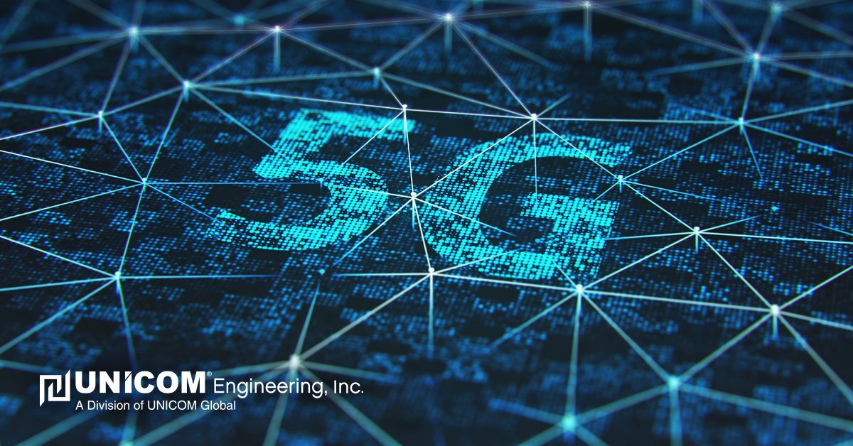 Computer generated graphic of an interconnected techno-like grid that says '5G' with a logo of UNICOM Engineering in the lower left corner