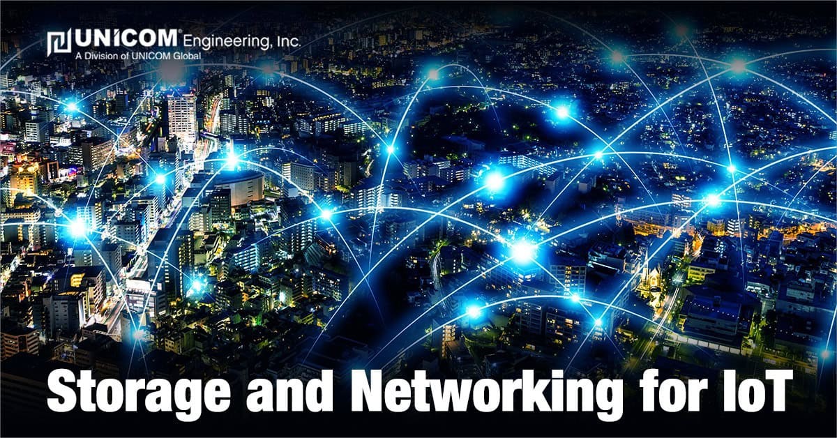 Lit up cities with blue fluorescent nodes showing connections with 'Storage and Networking for IoT' and UNICOM's logo 
