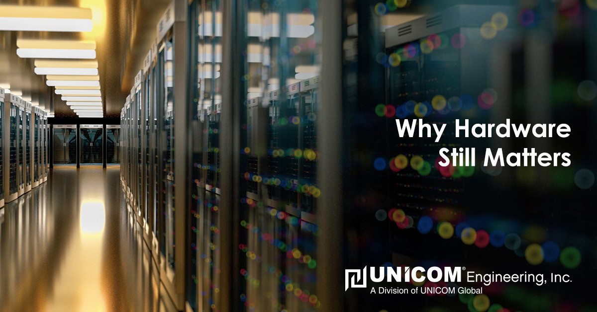 Looking down a datacenter corridor with text that reads 'Why Hardware Still Matters' and UNICOM Engineering's logo