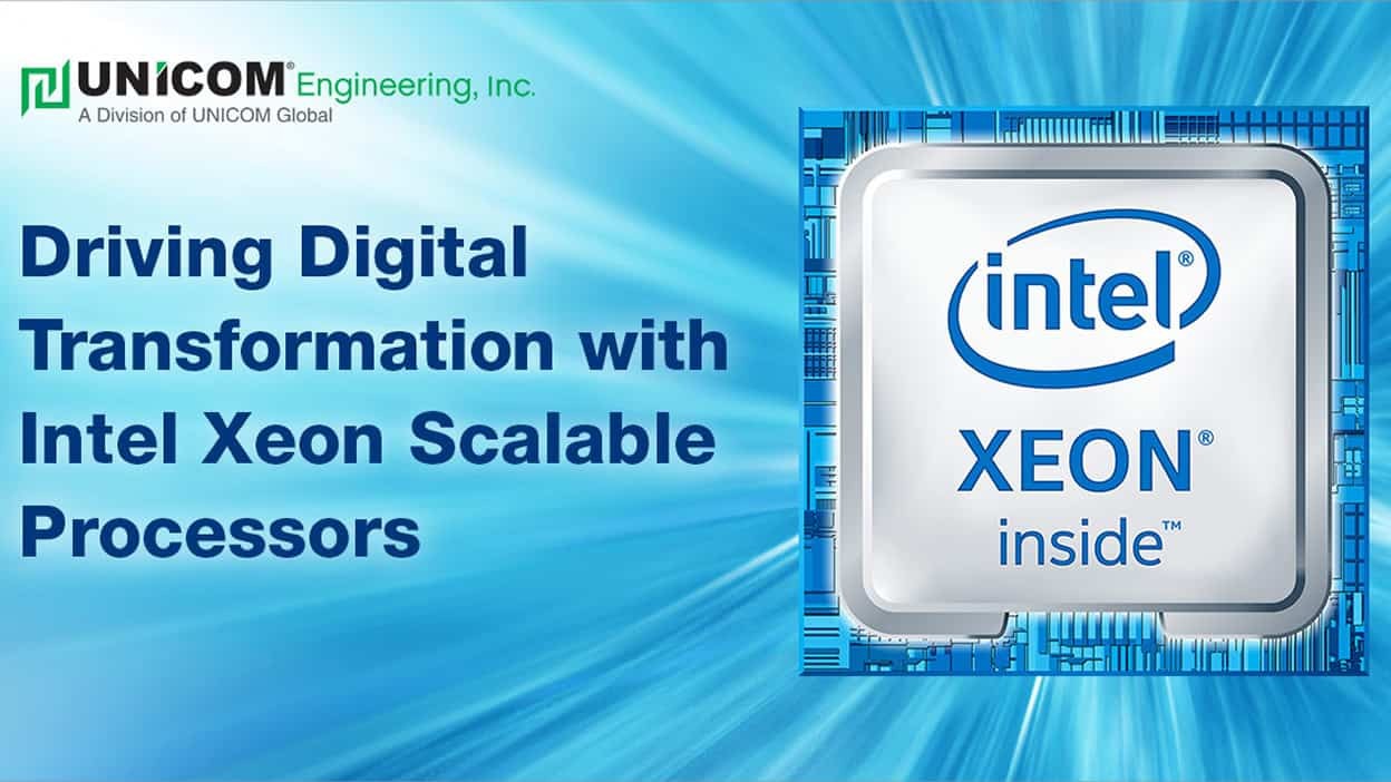 Blue abstract background with Intel Xeon Inside's logo and 'Driving Digital Transformation with Intel Xeon Scalable Processors'