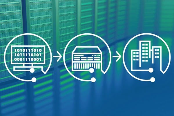 abstract design of a server stack with fluorescent green and light blue colouring