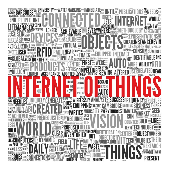 'The Internet of Things' written large in red with a collage of words describing it around it in black