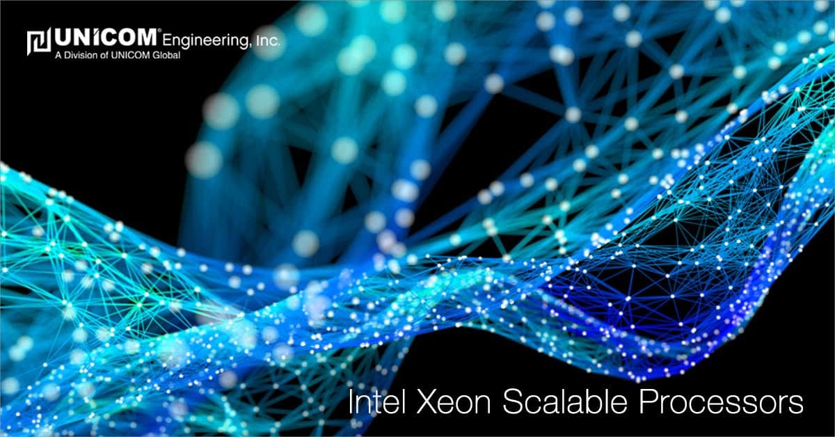 Abstract design of connecting nodes in fluorescent blue and green with 'Intel Xeon Scalable Processors' and a black background