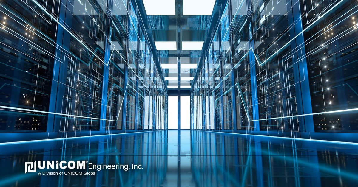 data center with server racks and futuristic graphics
