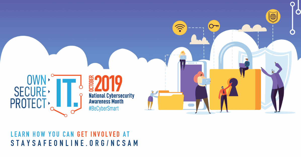 Graphic with a gold locket, smartphone, files, and people with 'National Cybersecurity Awareness Month'