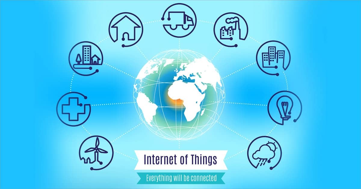 Globe with black business icons around it with 'internet of things' and 'everything will be connected'