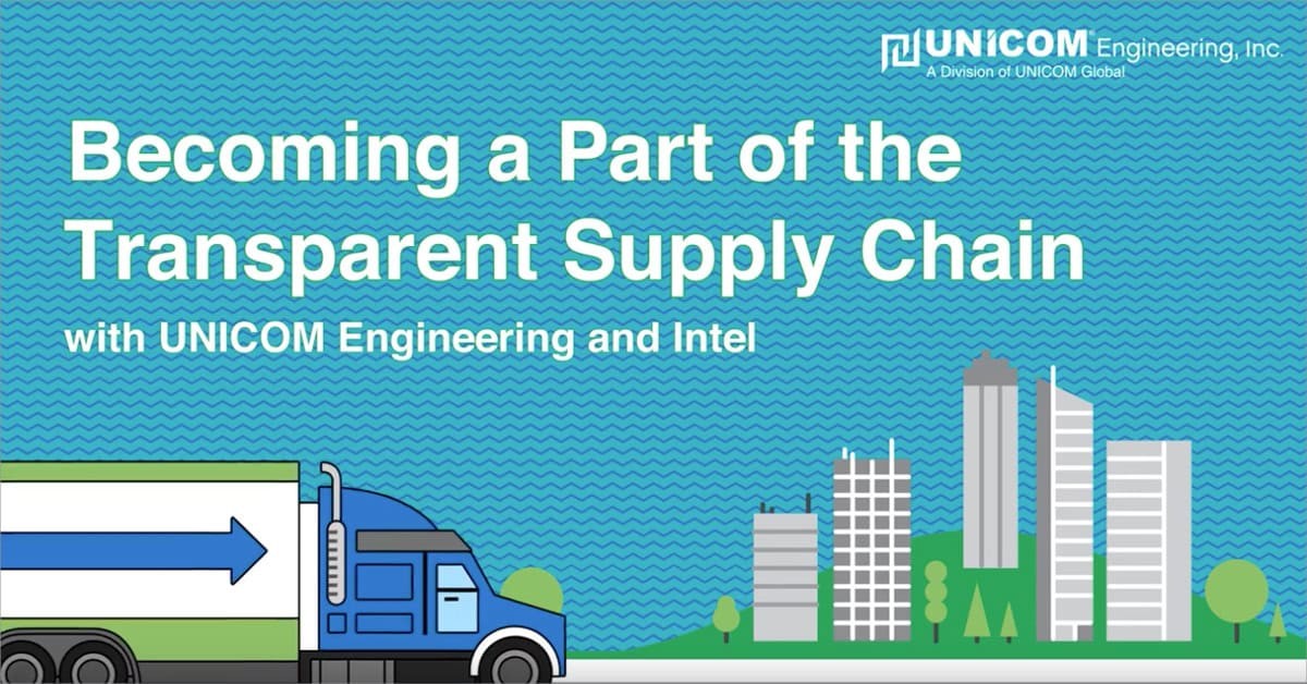 A computer generated picture of a semi-truck driving toward a city with 'Becoming Part of the Transparent Supply Chain with UNICOM Engineering and Intel'