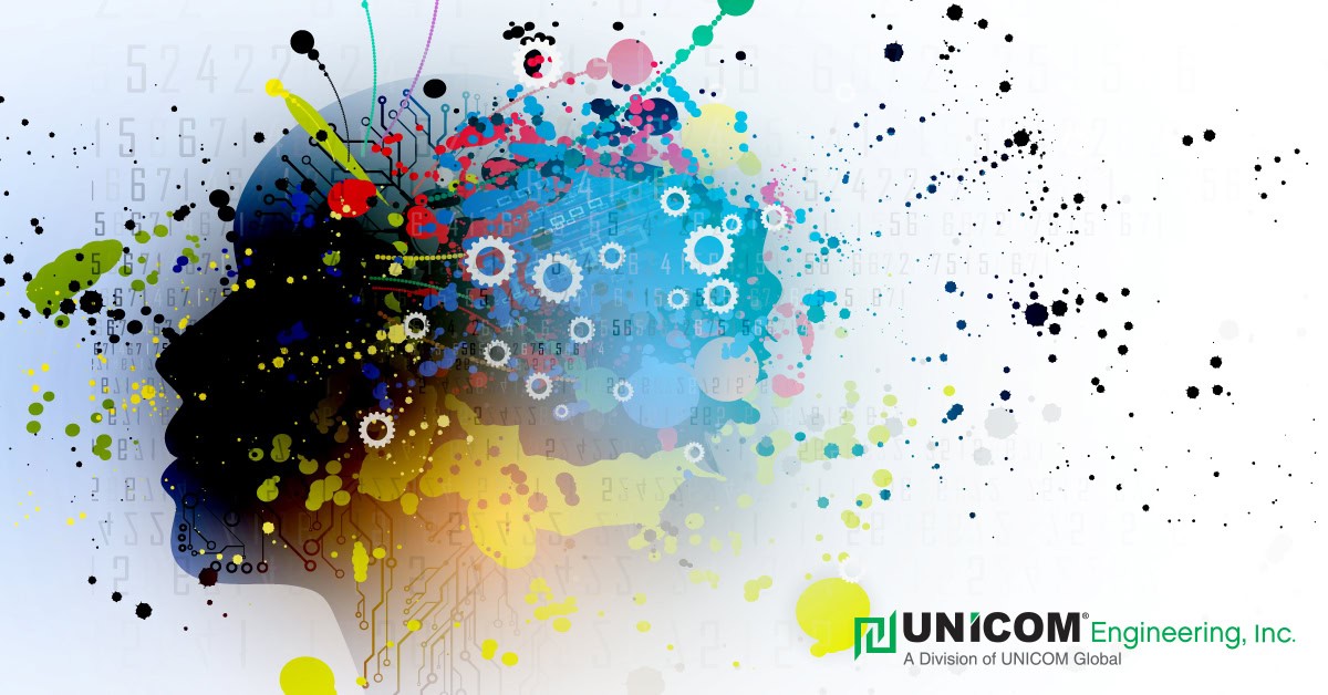 Computer generated graphic of a profile of human head with many different colors and images or gears, representing the increase in AI initiatives