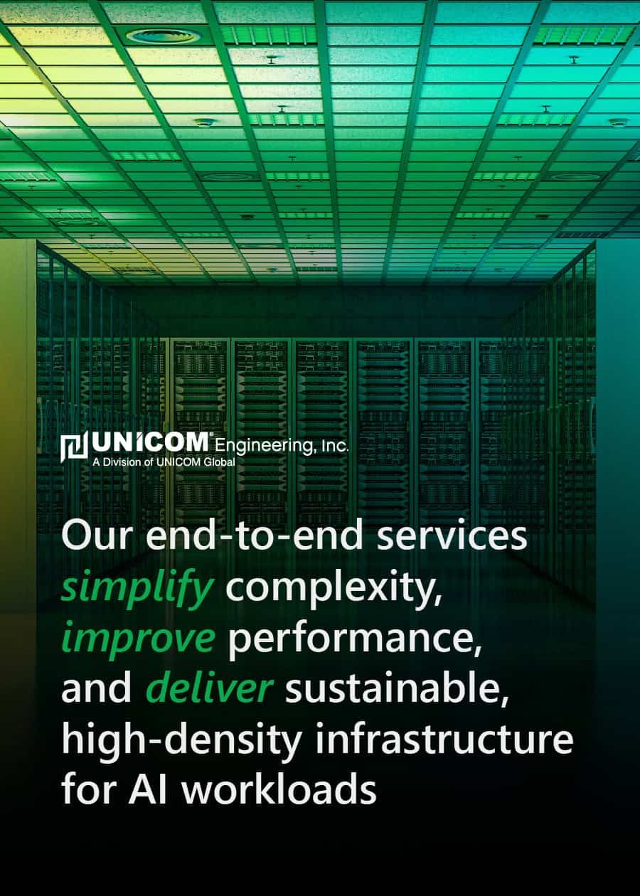 Green and Blue Data Center that says our end-to-end services simplify complexity, improve performance, and deliver sustainable, high-density infrastructure for AI workloads