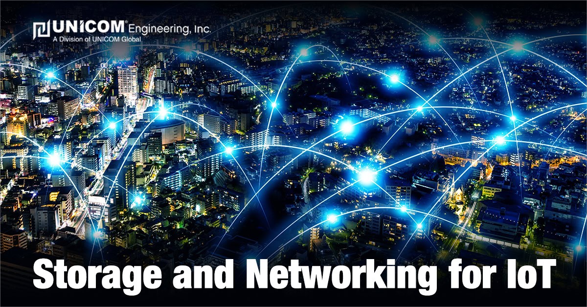 Lit up cities with blue fluorescent nodes showing connections with 'Storage and Networking for IoT' and UNICOM's logo 