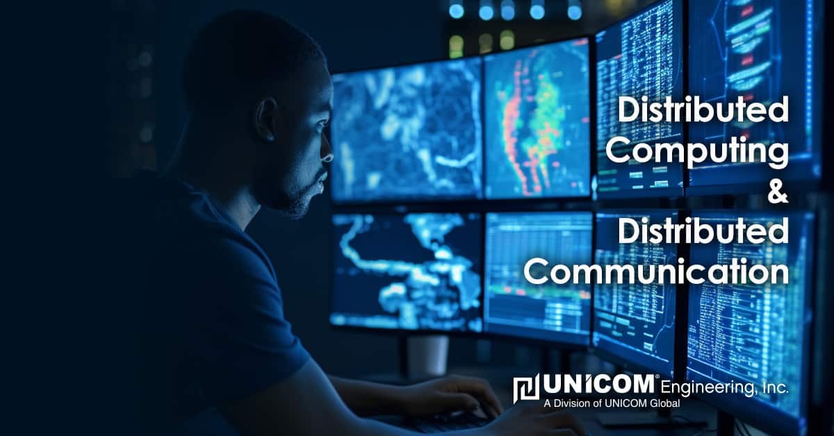 Man in front of screens with distributed computing 