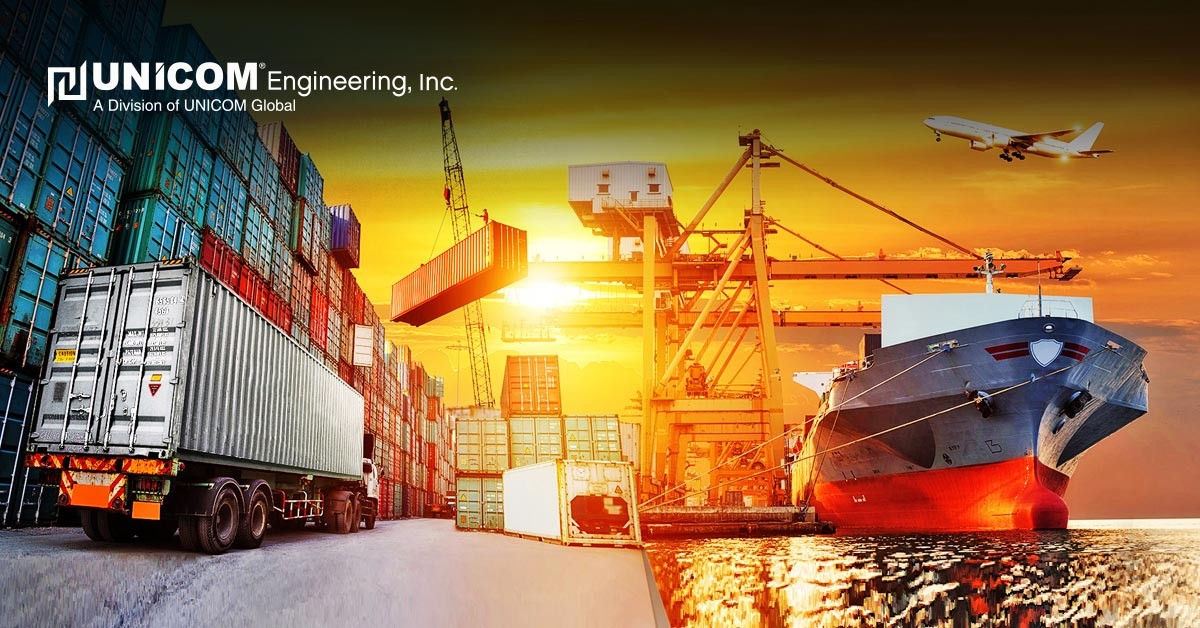 Abstract photo with a semi-truck, storage containers, an airplane, and manufacturing equipment with a bright orange sky