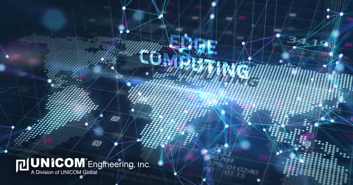 Technology graphic of a map and links connecting with blue coloring that says 'Edge Computing' with UNICOM Engineering's logo