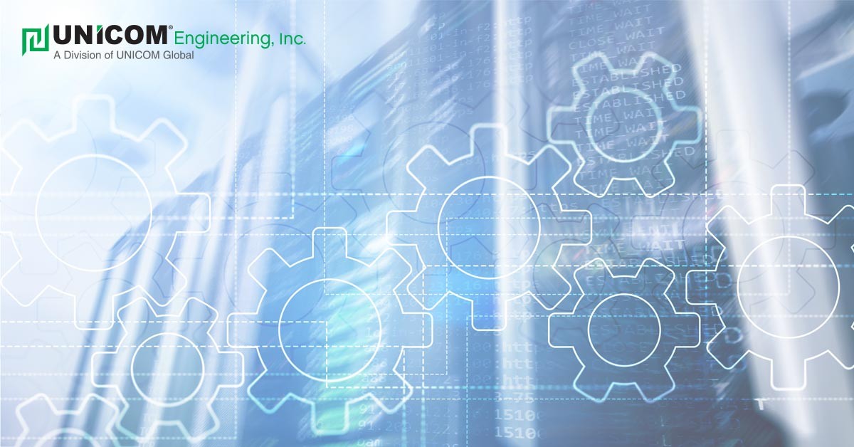 Abstract server design with gears and UNICOM's logo
