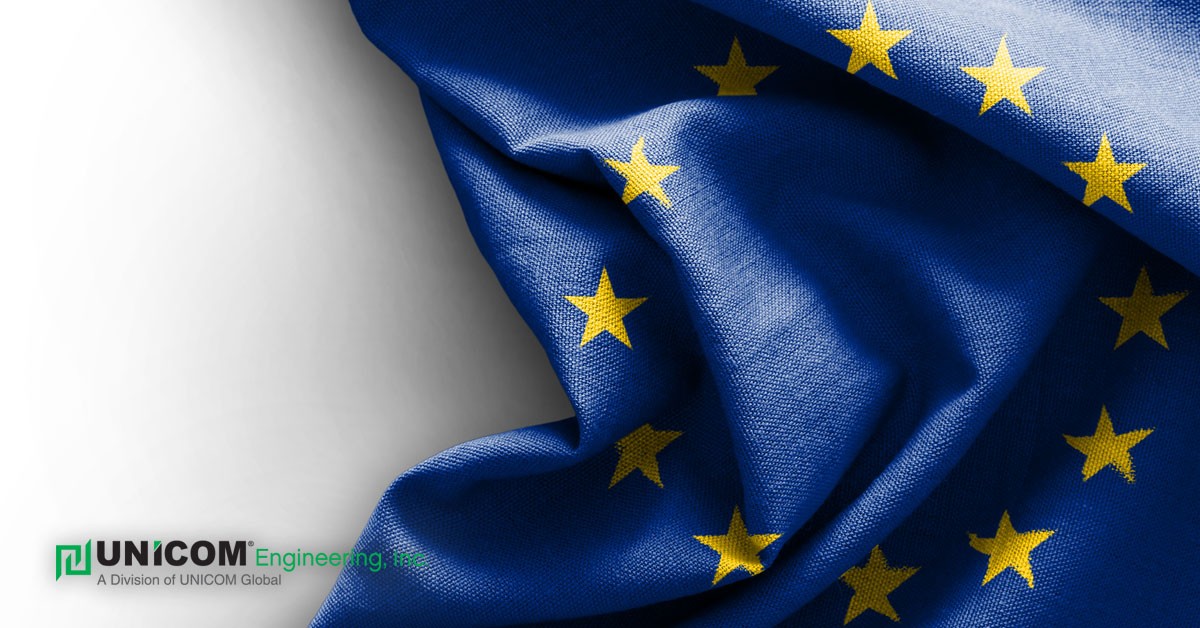 A picture of a European Union flag with UNICOM Engineering's logo