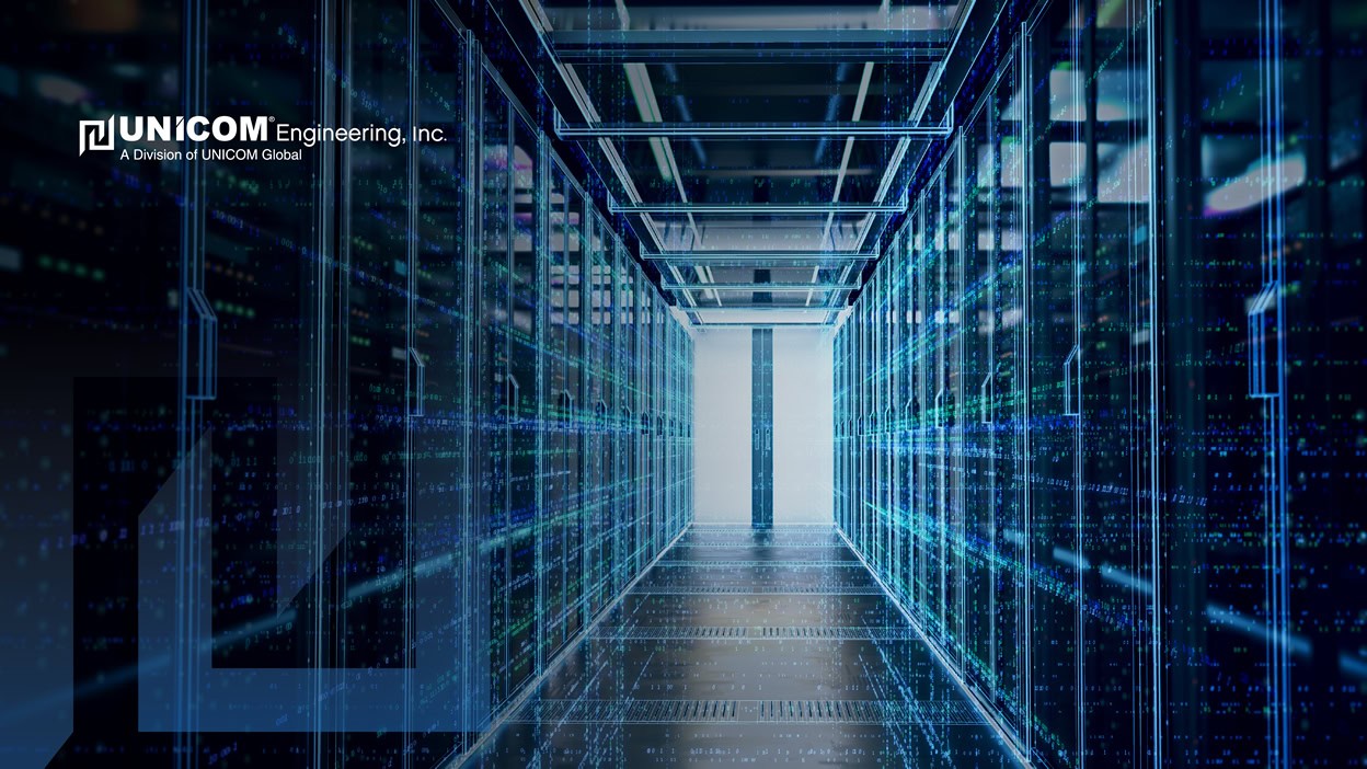 data center with server racks and futuristic graphics