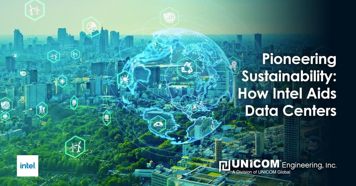 Picture of a city with a fluorescent blue globe and 'Pioneering Sustainability: How Intel Aids Data Centers'